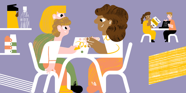 Illustratie van Antwerpenaren die uitleg krijgen op een sociaal centrum door een maatschappelijk werker.